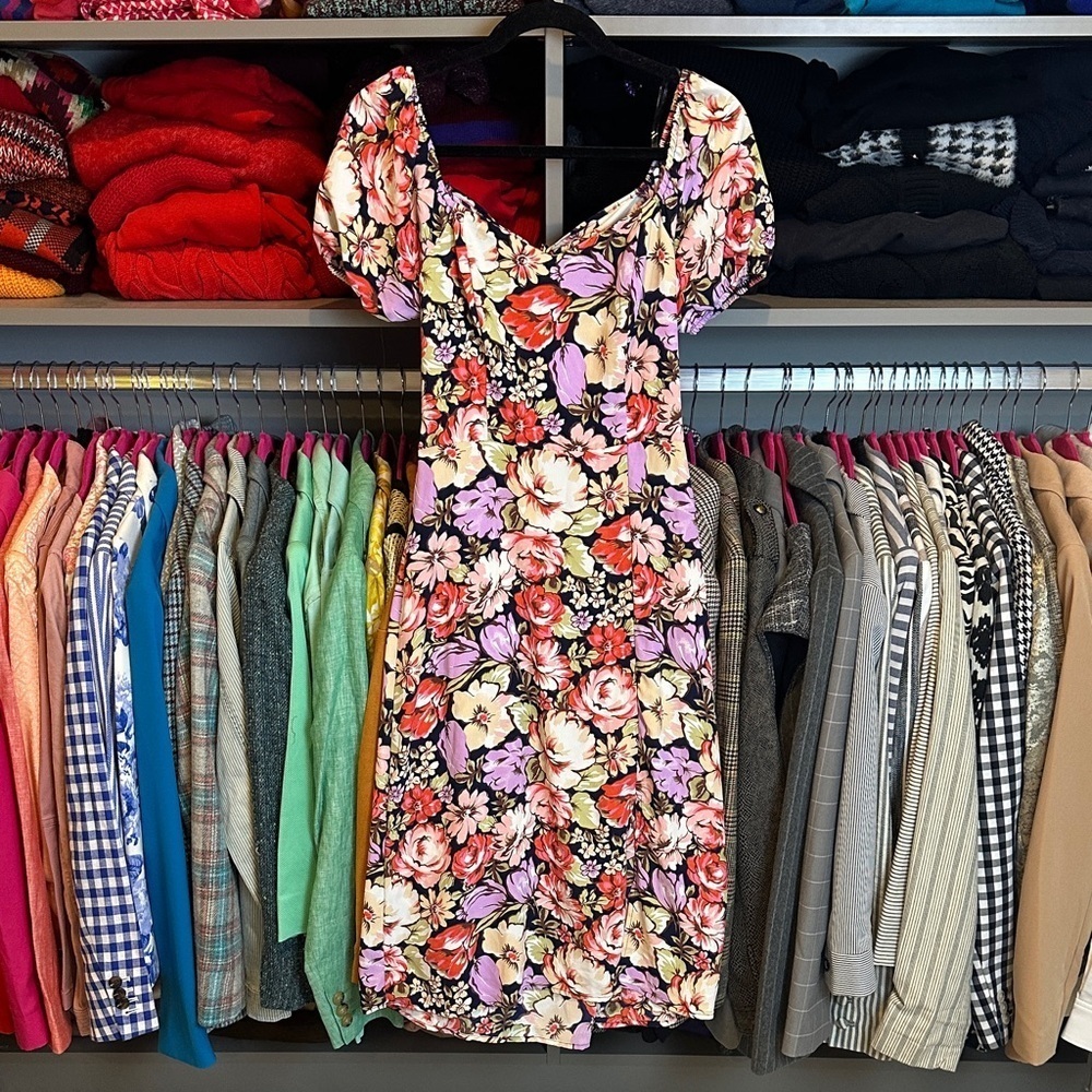 Lily Rose multicolored floral shirt puff sleeve smocked back tie dress size S